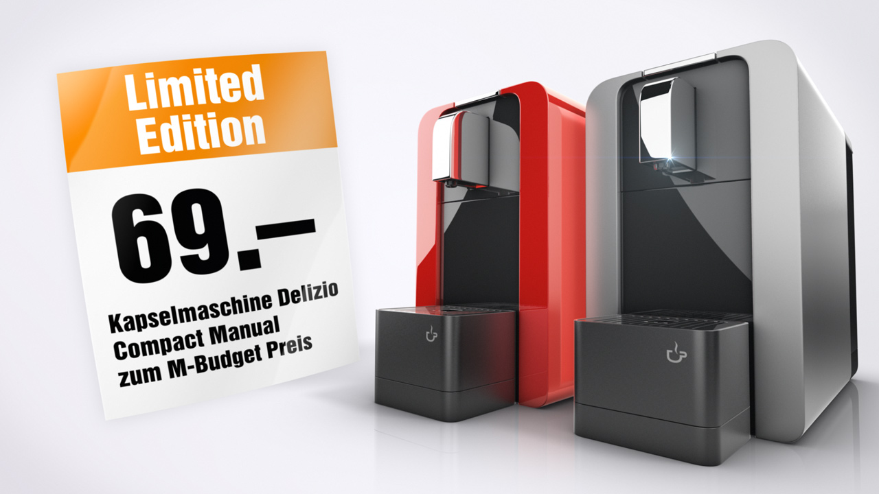 Mirgros M-budget 3D product animation, delizio espresso machine price offer